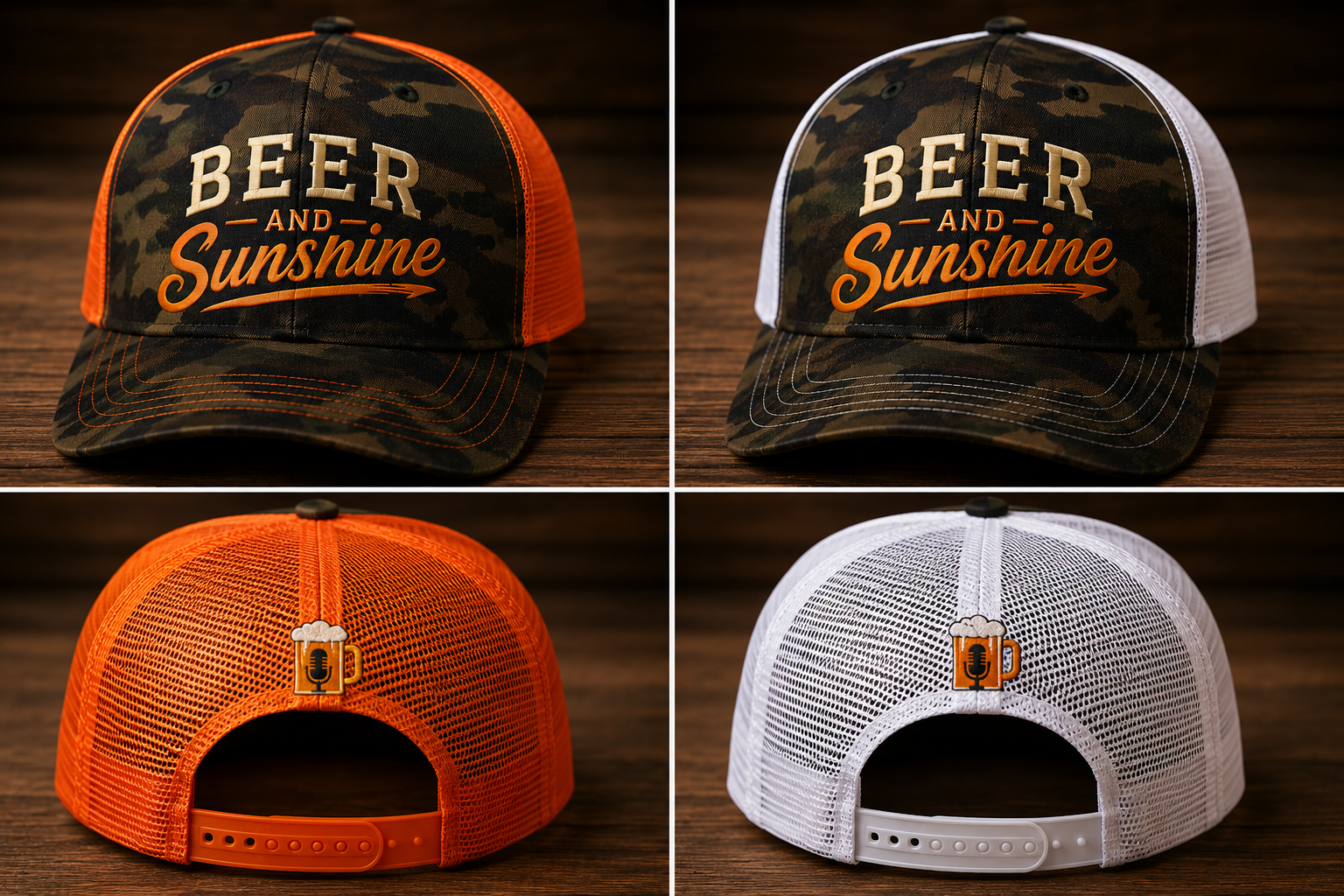 Beer and Sunshine trucker hat front and back mockup